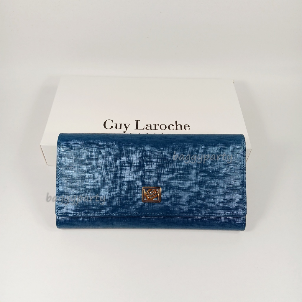 Guy Laroche แท้!! กระเป๋าสตางค์ผู้หญิงใบยาว สามพับ สีฟ้าอมน้ำเงิน หนังลาย หนังแท้ อะไหล่ทอง