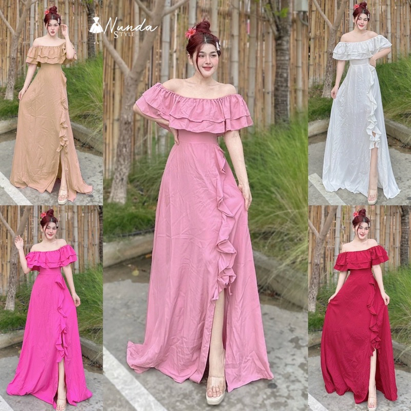 ⚖️Nunda Style⚖️ Dress ระบายรอบอก แต่งปาดไหล่ ด้านหน้าแต่งระบายผ่าหน้า มีสายผูกเอว