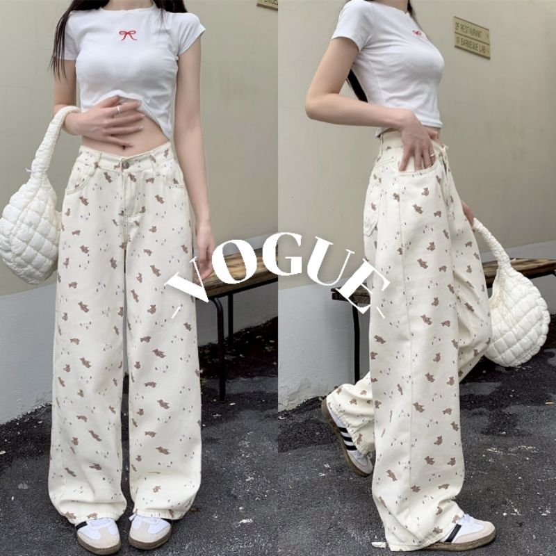 Vogue🌟พร้อมส่ง🌟 กางเกงขายาว ลายการตูน เอวสูง ทรงกระบอกพอดี (NZ1811)