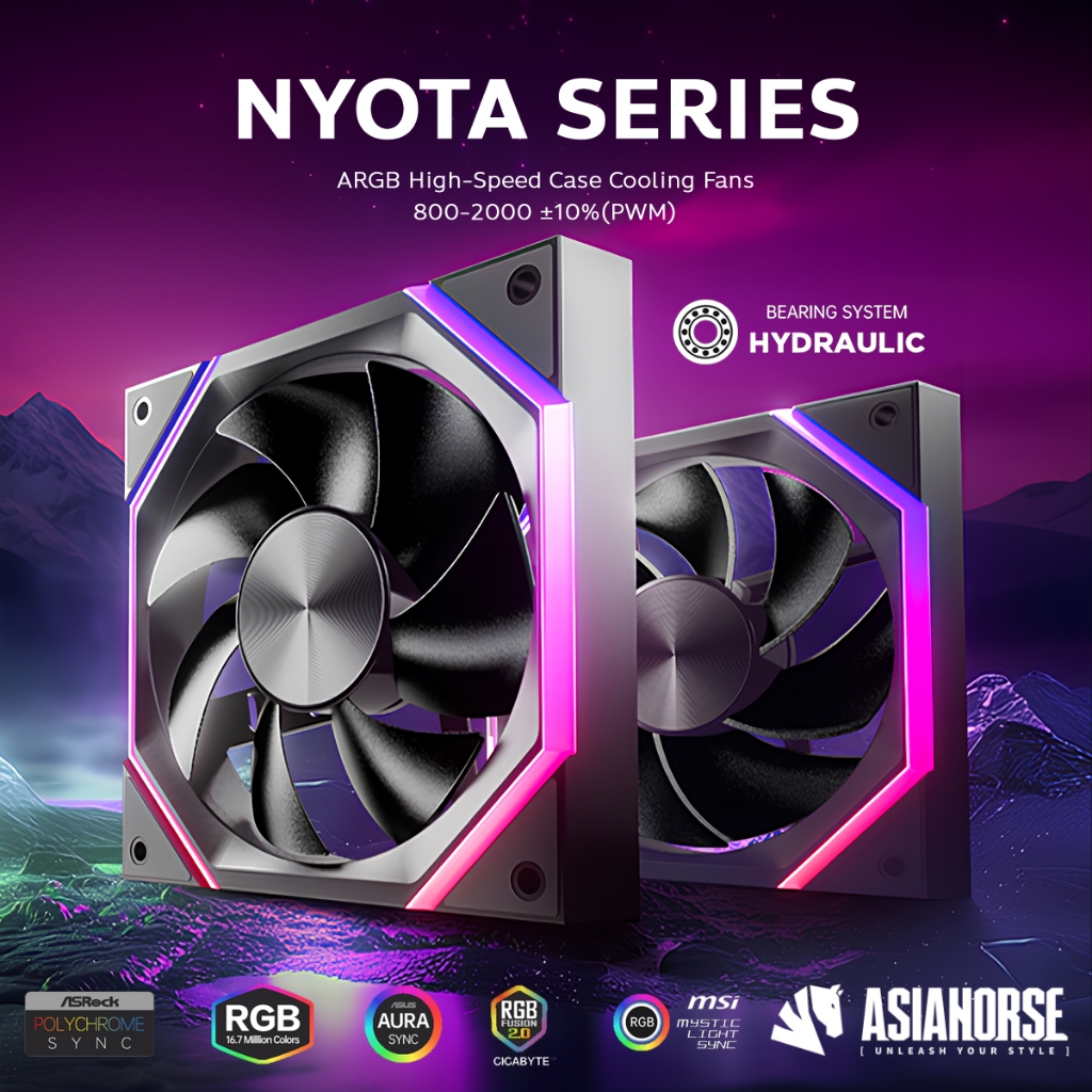 พัดลมคอมพิวเตอร์ ขนาด 120/140mm [ Asiahorse Nyota Series 4-Pin Pwm ARGB Fan - Black ]