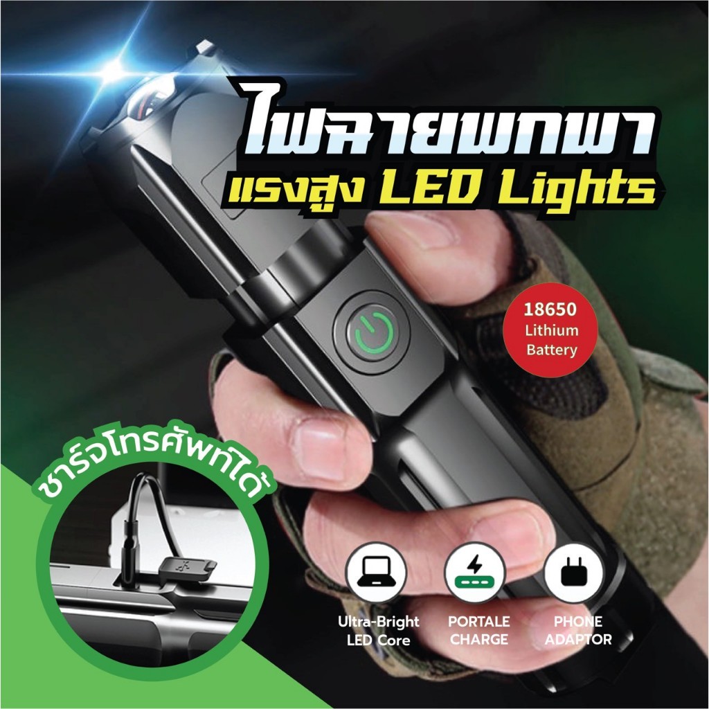 [ระวังสินค้าลอกเลียนแบบ🚀]ไฟฉายแรงสูง LED super bright ชาร์จไฟได้ ความสว่างสูง ขนาดเล็ก พกพาสะดวก สำหรับตั้งแคมป์ เดินป่า
