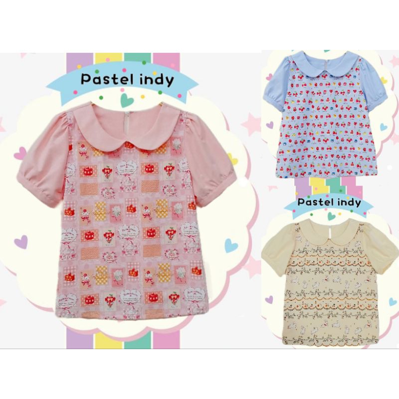 (จัดส่งใน1-2วัน)เสื้อคอบัว สีโทนพาสเทล แต่งลายด้านหน้า แขนตุ๊กตา(งานตัด)