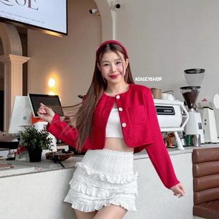 Acasey เสื้อสูทผู้หญิง Blazer Crop Tweed เสื้อคลุมทวิตแขนยาว สีพาสเทล น่ารักตะมุตะมิ