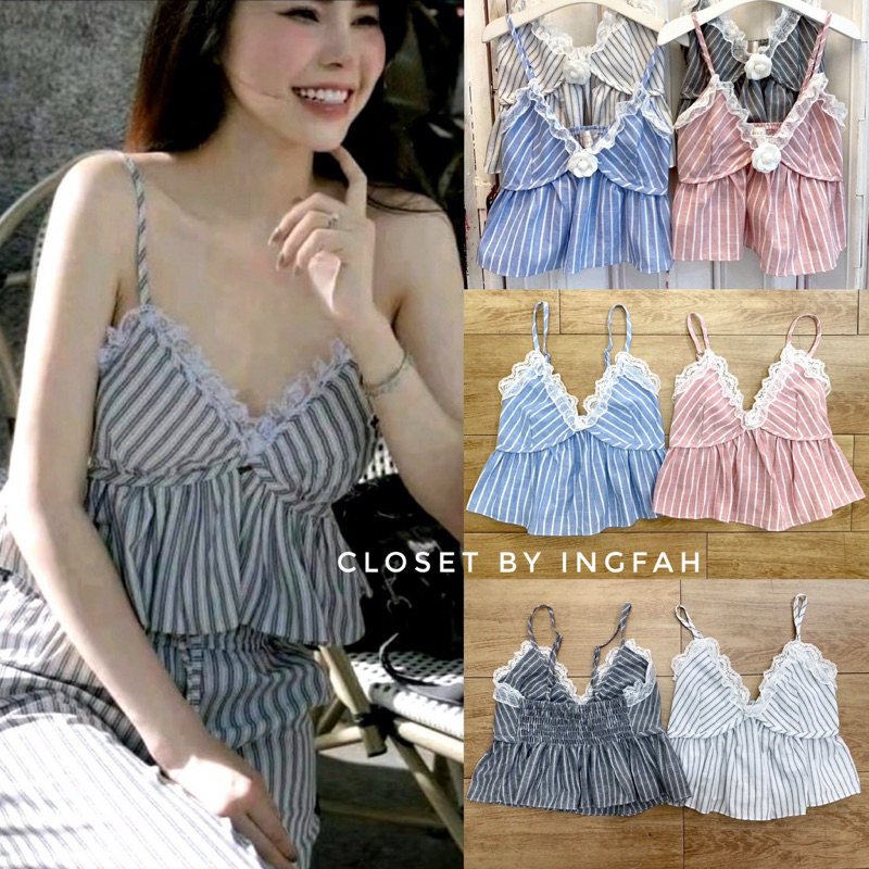 mini  lilly top สายเดี่ยว ลายริ้ว แต่งลูกไม้ น่ารักมาก