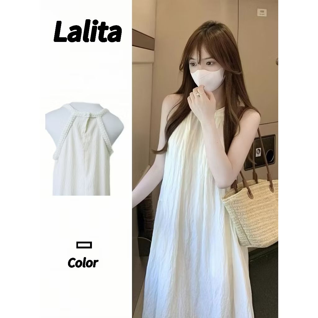 Lalita ✨พร้อมส่ง✨ชุดเดรสยาว เดรสแขนกุด เนื้อผ้าใส่สบาย ชุดเที่ยวทะเล เดรสทรงหลวม
