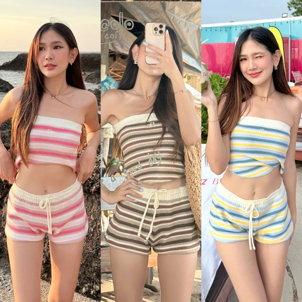NICHARIS - ชุดเซ็ตเกาะอกขาสั้นไหมพรม ผ้านุ่มมาก รุ่น Mabel Set