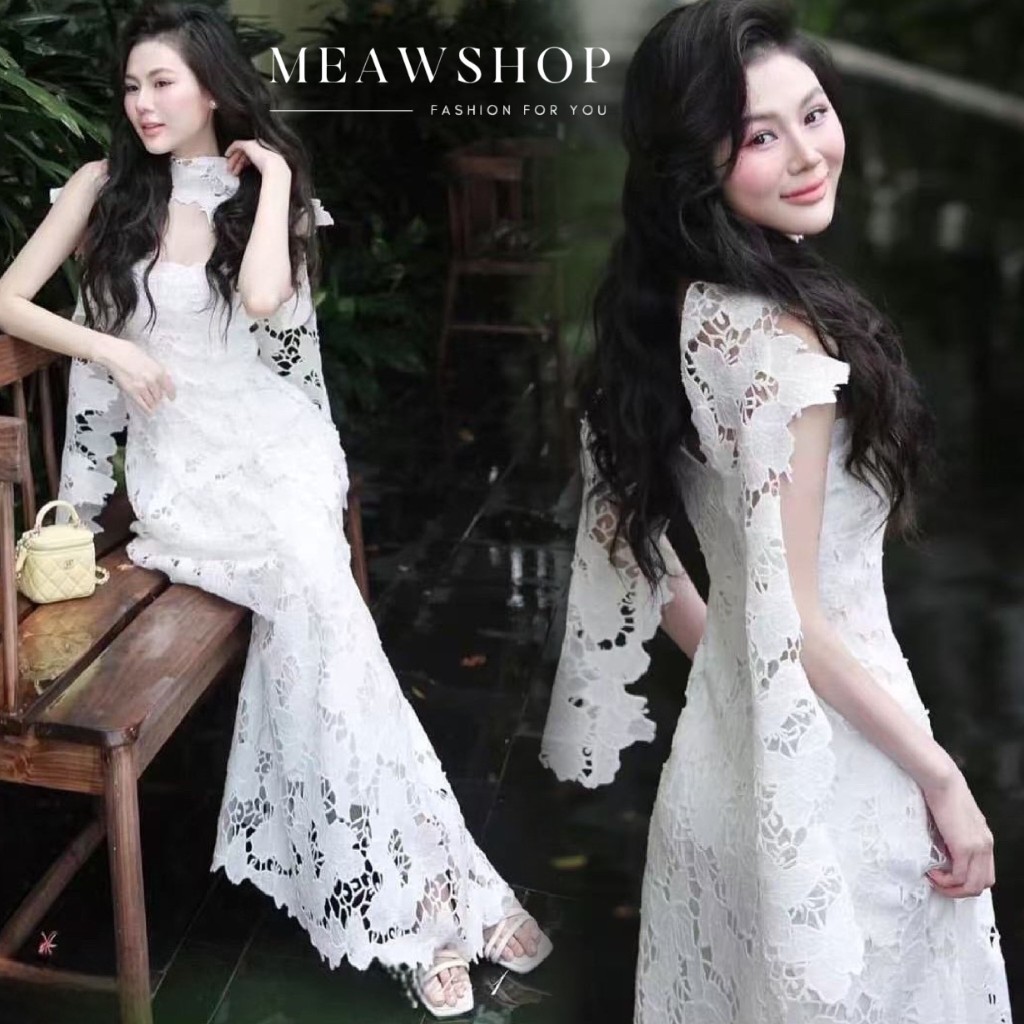 S-XL เดรสสายเดี่ยว ลูกไม้ฉลุตัวยาว สีขาว+โชกเกอร์ฉลุพาดคอ ชุดขาว ชุดทำบุญ ชุดงานบุญ งานบวช แฟนนาค ชุ