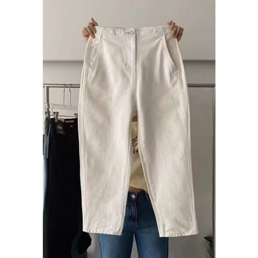 GHAOHES เวอร์ชั่นเกาหลี สีขาว กางเกงฮารูน เอวสูง เผยผอม แฟชั่น เก้า แยกกางเกง เห