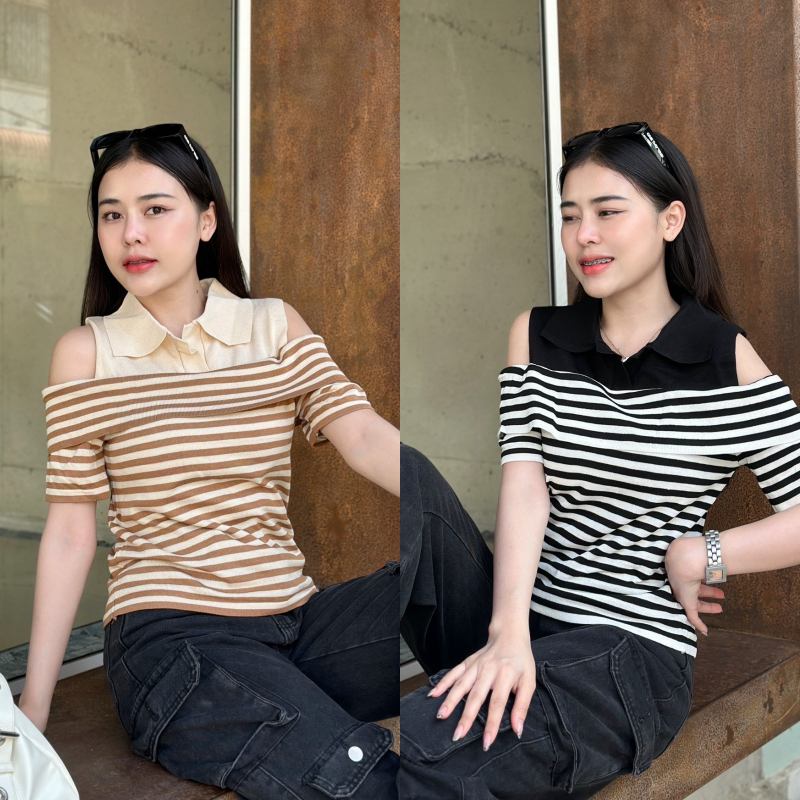 🌈SpinnyHouse🌈เสื้อไหมพรม ทรงแขนสั้นเปิดไหล่ ทรงคอปกโปโล แต่งทอลายคาดริ้วสลับสี พร้อมส่งจ้า สาวอวบใส่ได้ รุ่น ปัจจุบัน