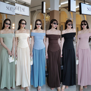 INTUON #9802 (พร้อมส่ง)  ชุดเชต เสื้อผ้ายืด เปิดไหล่ ปลายเสื…