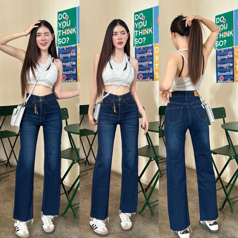 (s-38) กางเกงยีนส์ทรงกระบอก ผ้ายืด แต่ง 2 กระดุม มีไซส์ใหญ่ atom jeans (8002)