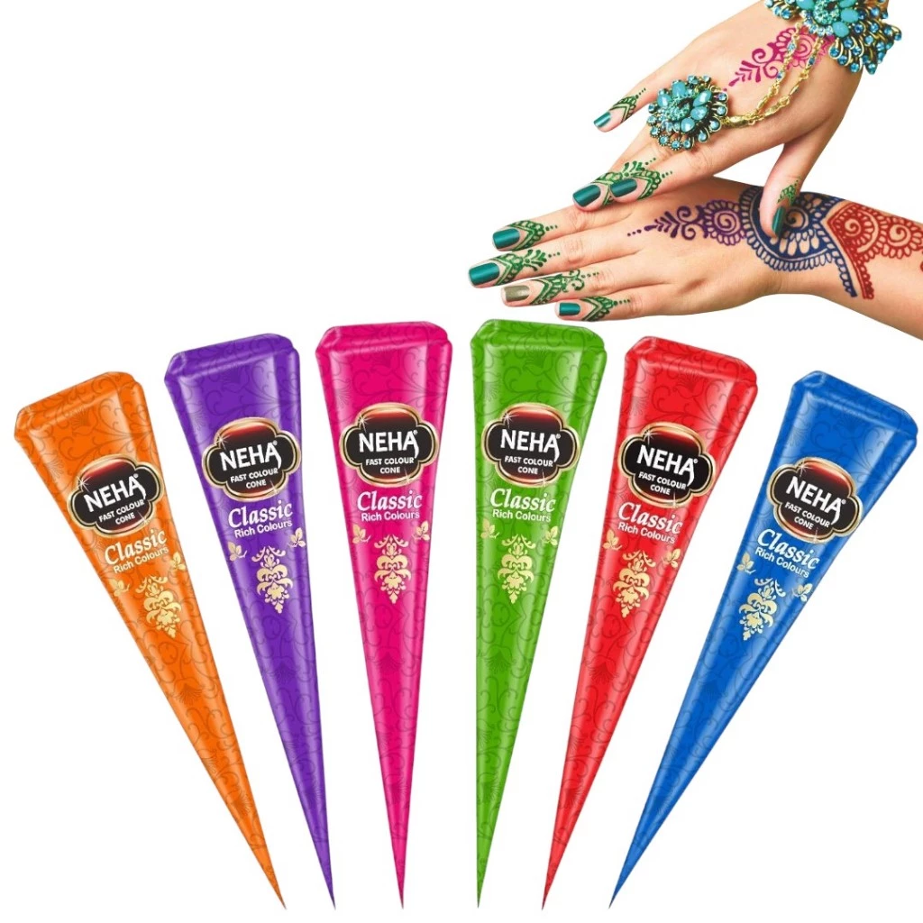 Neha Color Henna สติกเกอร์รอยสักชั่วคราว รูปกรวยเฮนน่า สีดํา สีน้ําตาล สีแดง สีขาว สไตล์อินเดีย
