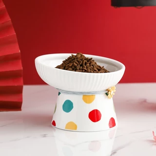 Pet Cat Bowl ชามเซรามิคปากชามน้ำดื่มป้องกันคอคว่ำชามเท้าสูงอุปกรณ์แมว