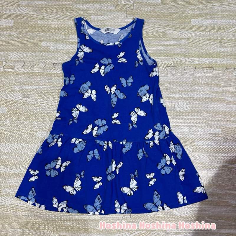 H&M Kids แท้💯% Size เดรสแขนกุดผ้ายืด สีน้ำเงินลายผีเสื้อ Eur110/116 US5T/6 UK4-6Y(Used สีดรอปลง)