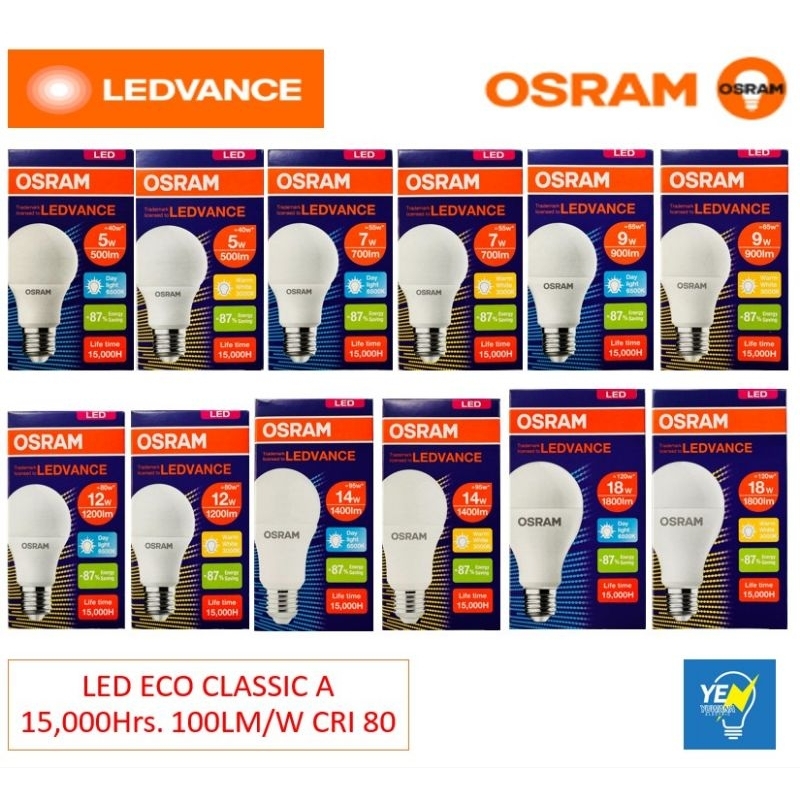 OSRAM หลอดไฟ LED ECO CLASSIC A 5W/7W/9W/12W/14W/18Wแสงขาว/แสงเหลือง ขั้วE27 15,000ชม.