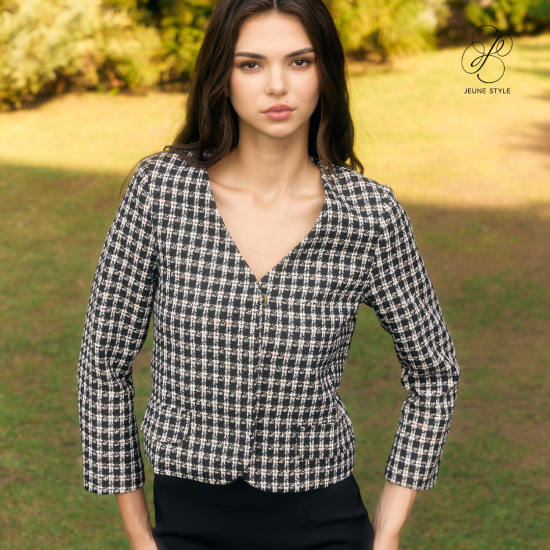 Jeune Style Lapelless Tweed Blazer เบลเซอร์ผ้าทวีตมีกระดุมด้านหน้า JS24AE51