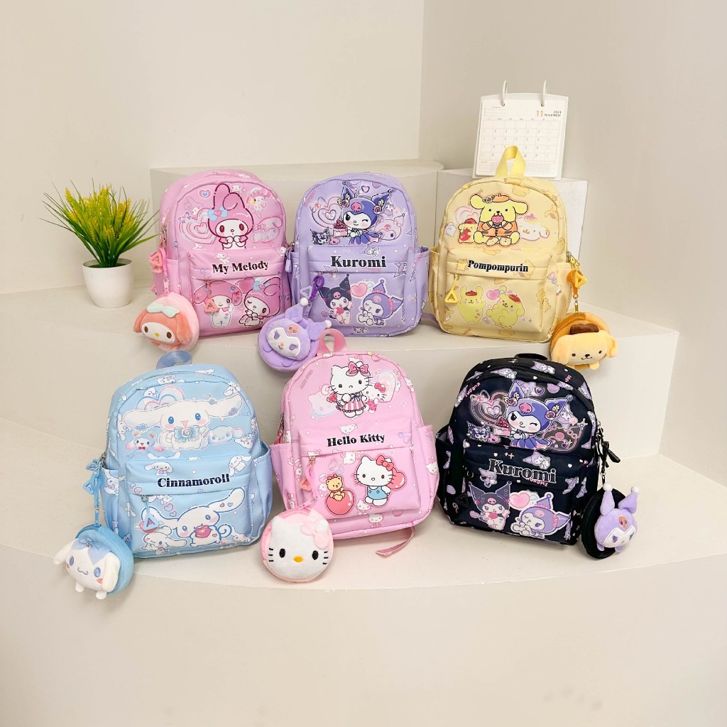 กระเป๋าเป้ผ้า สำหรับเด็ก SANRIO - ขนาด 14 นิ้ว - มีทั้งหมด 6 ลาย - พร้อมกระเป๋าใส่เหรียญห้อย - เนื้อผ้ากันน้ำ