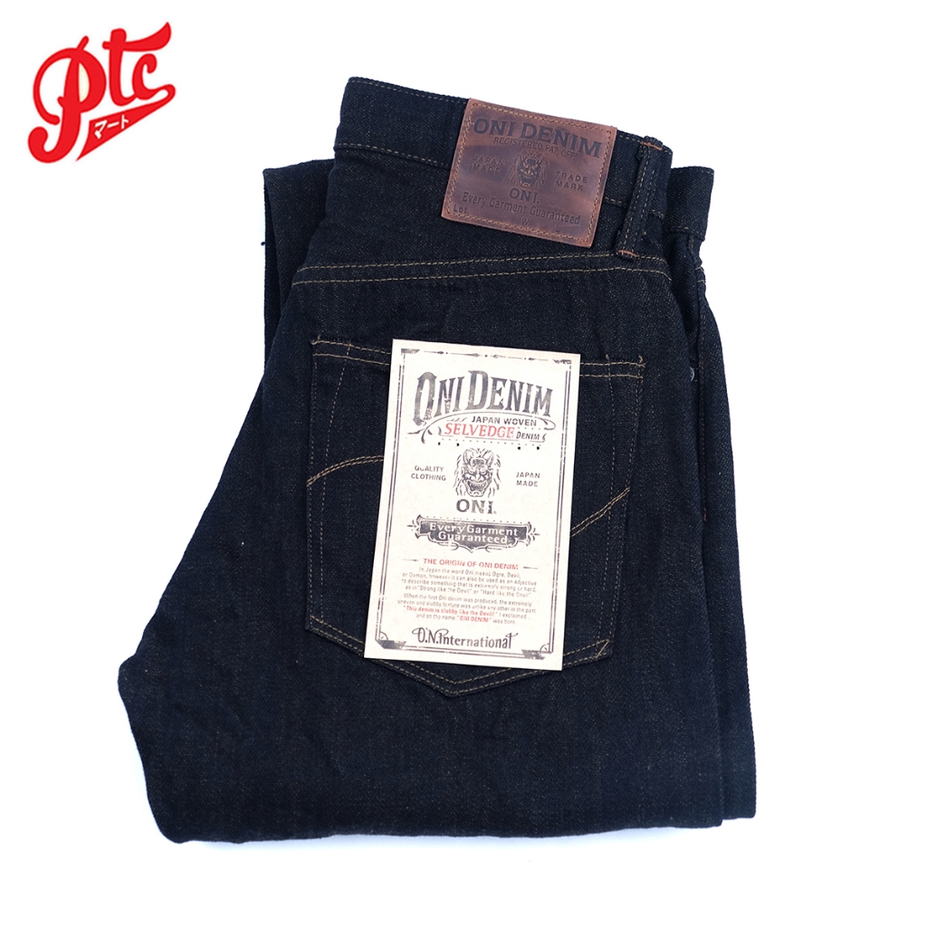 กางเกงยีนส์ ONI-246-BKOL 12.5oz Neat Straight Black X Olive Selvedge Denim