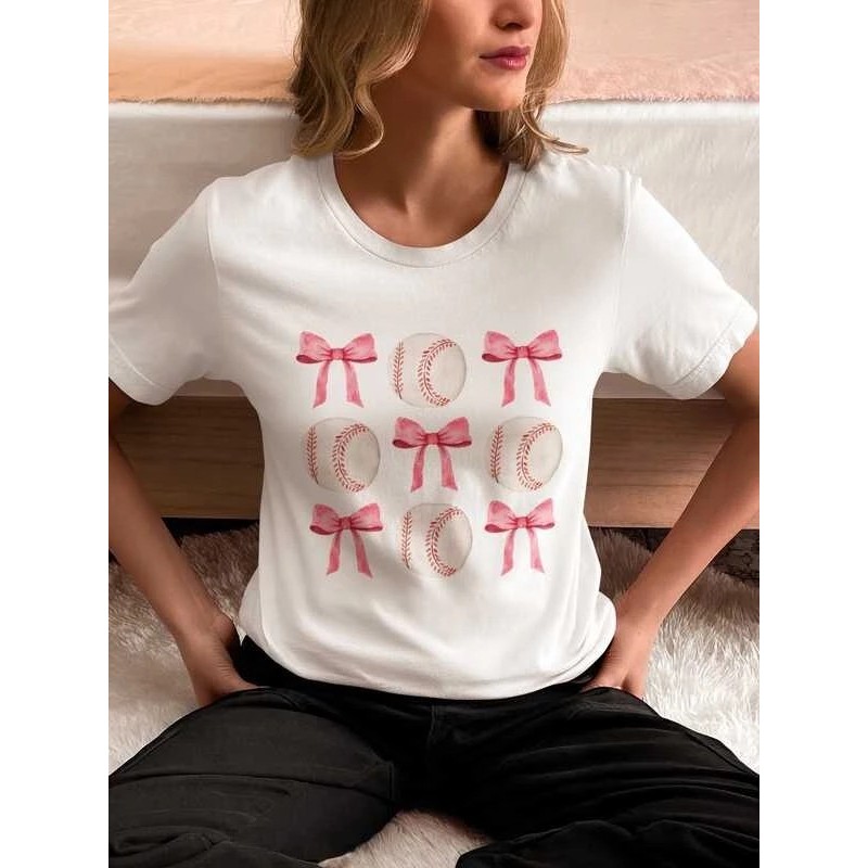 เสื้อยืดเบสบอลและโบว์,Coquette Aesthetic, Pink Girly Tee ม่เบสบอล S-7XL ECB