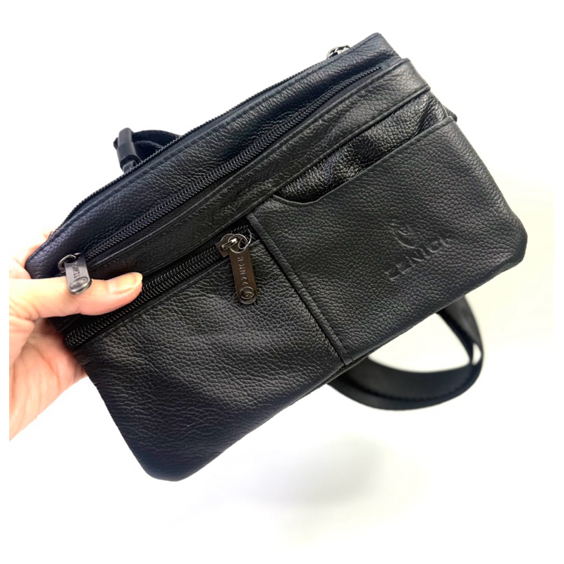 Chinatown leather กระเป๋าวัวหนังแท้ คาดเอว สะพายหน้าอก แบบบาง ซิปสั้น สีน้ำตาล