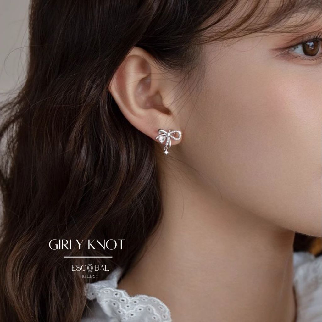ESCOBAL ต่างหูเงิน Girly Knot สไตล์สวยหรู ต่างหูเพชร ต่างหูแฟชั่น ต่างหูโบว์ Valentine ของขวัญ