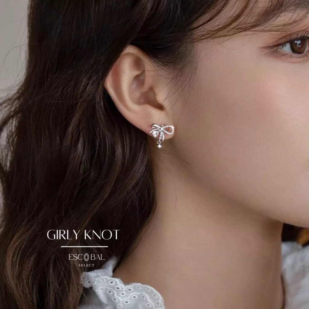ESCOBAL ต่างหูเงิน Girly Knot สไตล์สวยหรู ต่างหูเพชร ต่างหูแฟชั่น ต่างหูโบว์ Valentine ของขวัญ