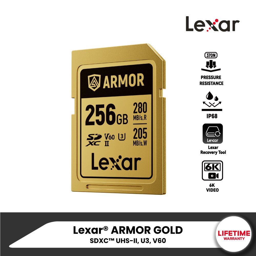 Lexar ARMOR GOLD 256GB SD Card (เอสดีการ์ด) Full-HD 6K RW280/205MB/s (LSDAMGL256G-RNNNG) เมมโมรี่การ