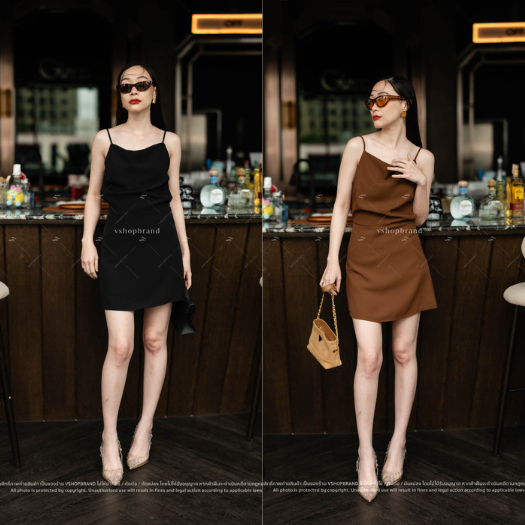 พร้อมส่ง มินิเดรสสายเดี่ยวผ้าพื้นเว้าหลังแต่งโซ่ งานป้ายvshopbrand