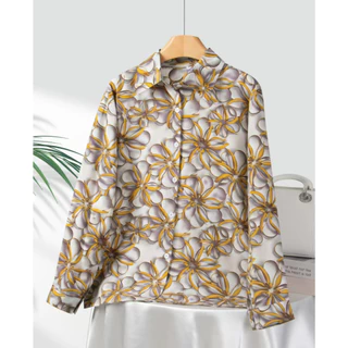 【ส่งจากไทย】เสื้อเชิ้ตผู้หญิงพิมพ์ลายเสื้อเชิ้ตแขนยาวคอปกpoloเสื้อย้อนยุคแฟชั่นผ้าไหมอิตาลี เนื้อผ้าดีทรงหลวม ใส่สบาย