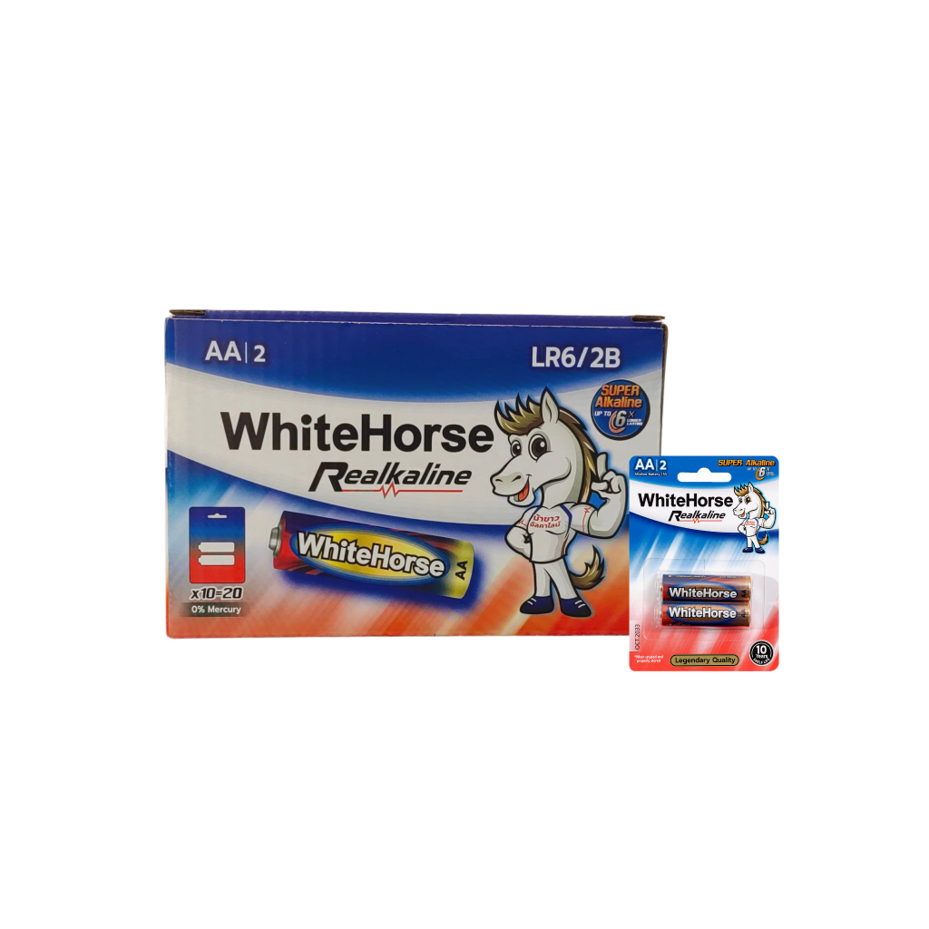 ถ่านอัลคาไลน์ LR6 ขนาด 1.5V AA  1 กล่อง 10 แพ็ก (แพ็กละ 2 ก้อน) แบรนด์ Whitehorse(ม้าขาว)