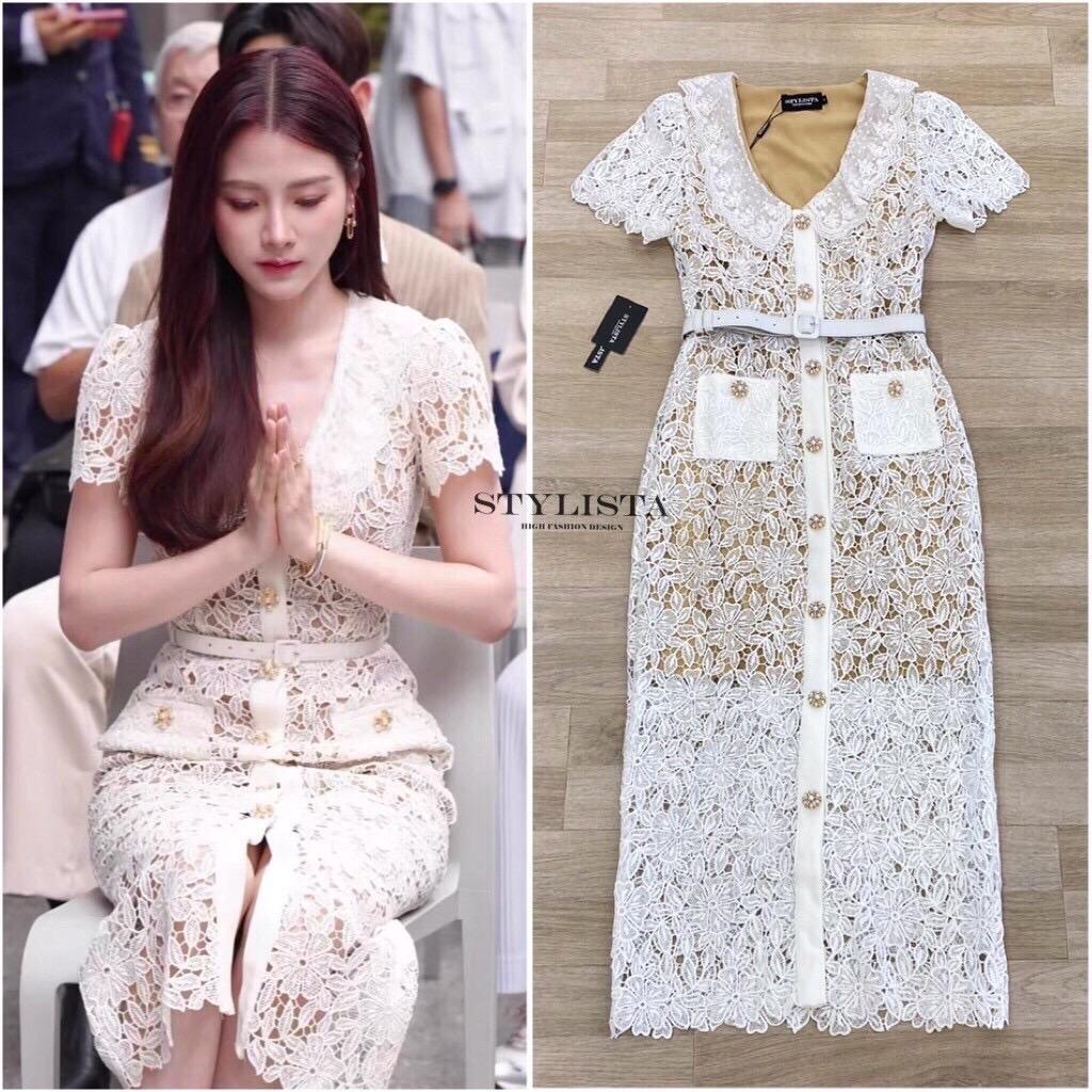🚩ร้านโค้ดคุ้ม XS-2XL 🚩 Abigail มิดิเดรสคอปกลูกไม้+เข็มขัด แบบใบเฟิร์น ใส่ออกงาน ทำงาน งานบุญ งานบวช