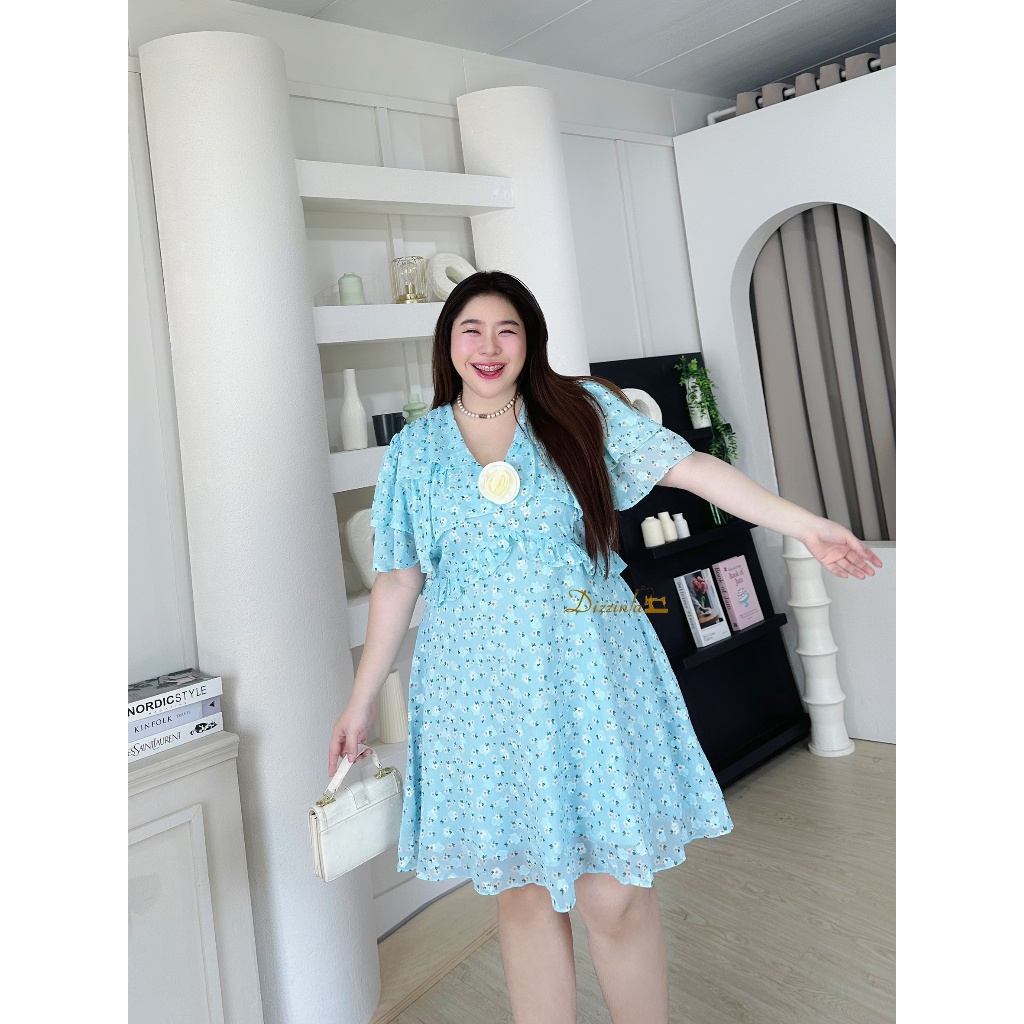 Dz302 - เดรสชิฟฟ่อนพิมพ์ลายดอกไม้