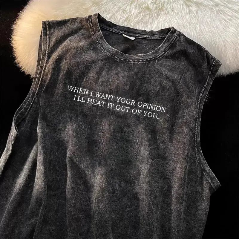 Y-T【จัดส่งจากกรุงเทพฯ】🏖️เสื้อแขนกุด น้ำยาฟอกขาว ผ้าฝ้าย100% tanktop สวมใส่สบาย คอกลม สกรีนลาย สไตล์ย