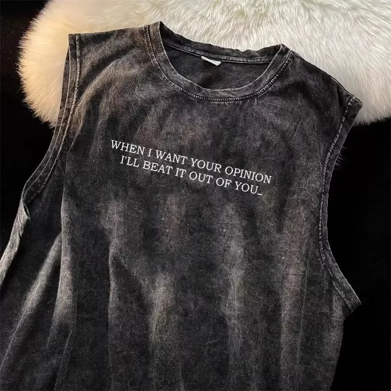 Y-T【จัดส่งจากกรุงเทพฯ】🏖️เสื้อแขนกุด น้ำยาฟอกขาว ผ้าฝ้าย100% tanktop สวมใส่สบาย คอกลม สกรีนลาย สไตล์ย้อนยุค
