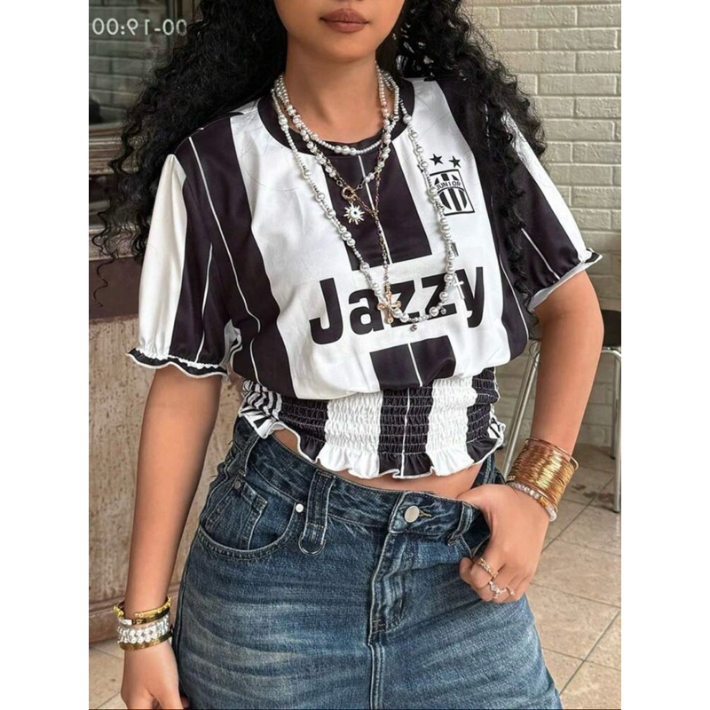 (Pre 7 วัน) INAWLY เสื้อยืดลายทางสม็อคเอว