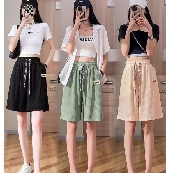 🍒พร้อมส่ง🍒M-5XL)กางเกงขาสั้นลำลอง กางเกงขาสั้นผู้หญิงแฟชั่นบาง หลวม ทรงตรง สไตล์เกาหลี มีกระเป๋า2ข้าง เอวยางยืด มีเชื่อก