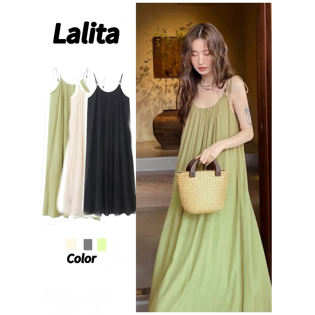Lalita  เดรสยาว เดรสแขนกุด เดรสคอกลม เนื้อผ้าใส่สบาย ชุดเที่ยวทะเล เดรสหลวมๆ  ชุดไปคาเฟ่ ชุดสวย
