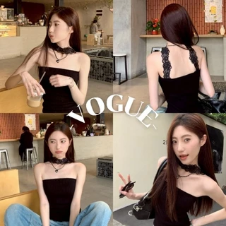 Vogue🌟พร้อมส่ง🌟 เสื้อเกาะอก คล้องคอลูกไม้ ผ้าไหมพรม สีพื้น (Z-CR15)