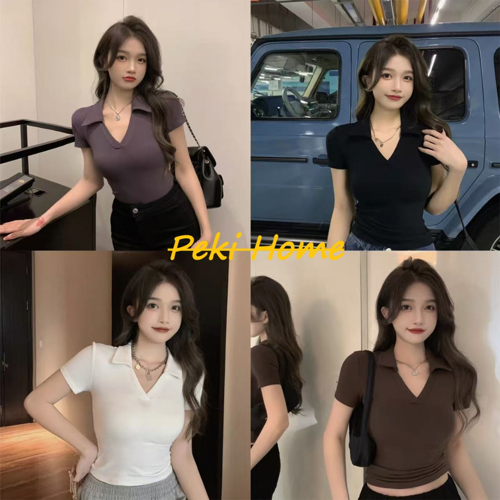 เสื้อยืดคอวีรัดรูปผู้หญิง แขนสั้น แฟชั่นหน้าร้อน