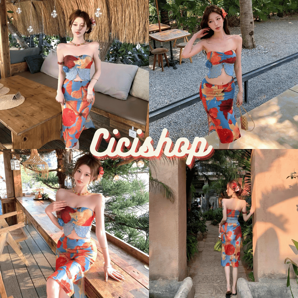 Cicishop(H8869)Set 2 ชิ้น เกาะอกซีทรูพิมพ์ลายแต่งลูกไม้มีตัวกันลื่น+กระโปรงเอวยางยืดมีซับในผ่าข้าง แถมเข็มกลัดดอกไม้