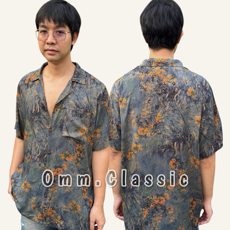 เสื้อฮาวายวินเทจ(พรีเมี่ยมเรยอน)ลายดอกเขียวหม่น
