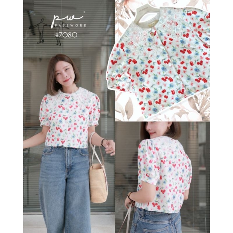Password #7080เสื้อคอปก แขนพองลายดอกไม้ /เชอรี่ สีสดใส