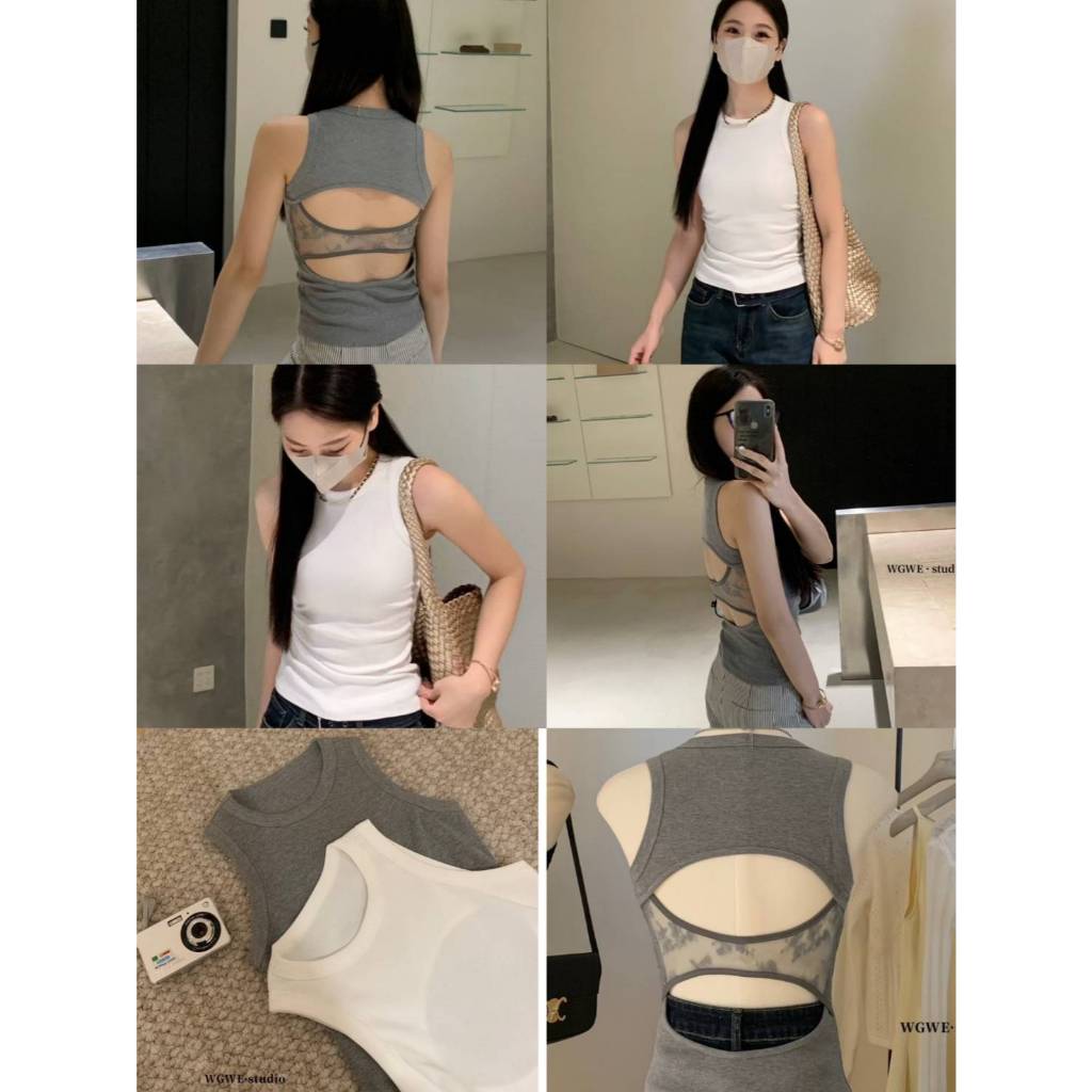 🇰🇷👚TAG WG.WEเสื้อกล้ามหลังเว้าแต่งลูกไม้