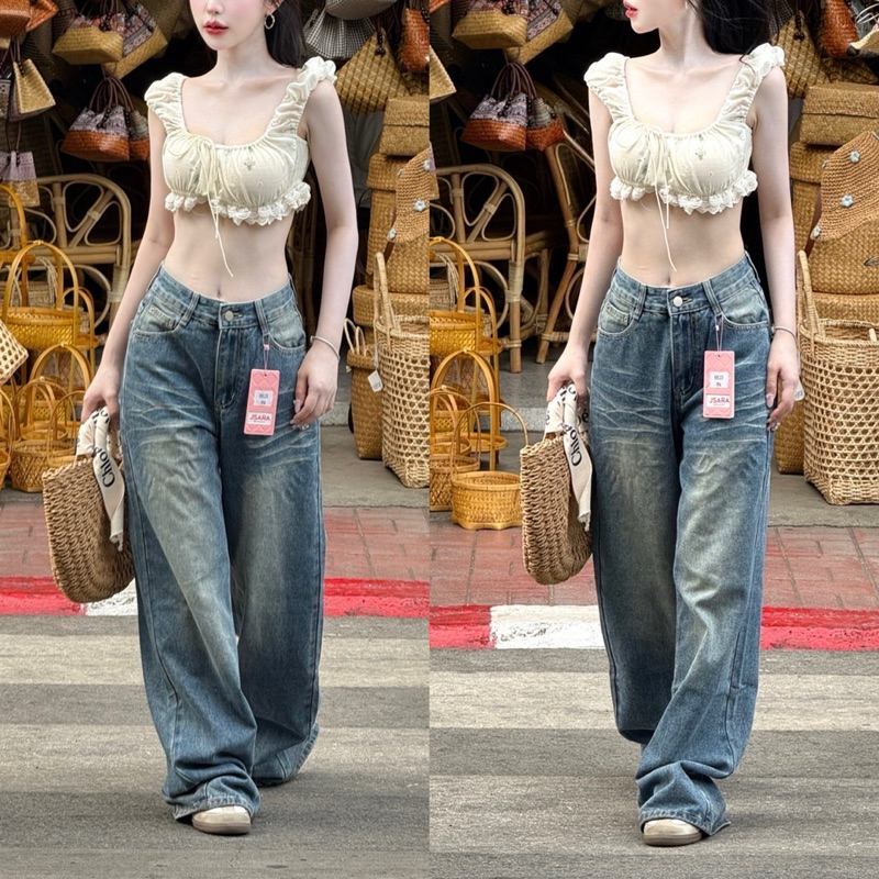 ♡Baggie jeans♡ยีนส์ขากระบอกใหญ่/แต่งสีเฝด ป้ายJsara🏷️(ใส่แบบเอวต่ำ-เอวกลาง)สวยมาก