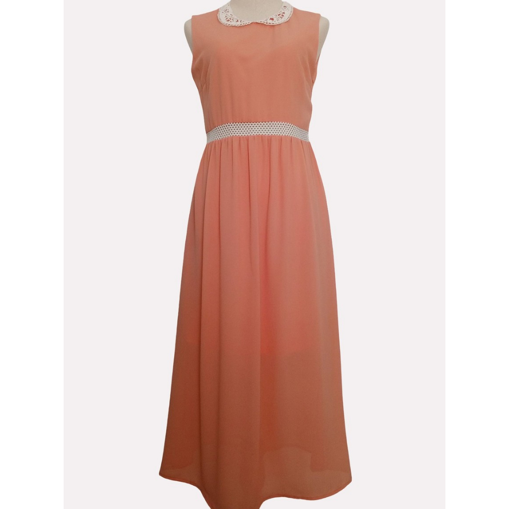 ชุดเดรสผ้าชีฟองสีส้ม แบรนด์ EPS ปักลูกไม้สีขาวที่คอ เอว ขนาดไซส์ S