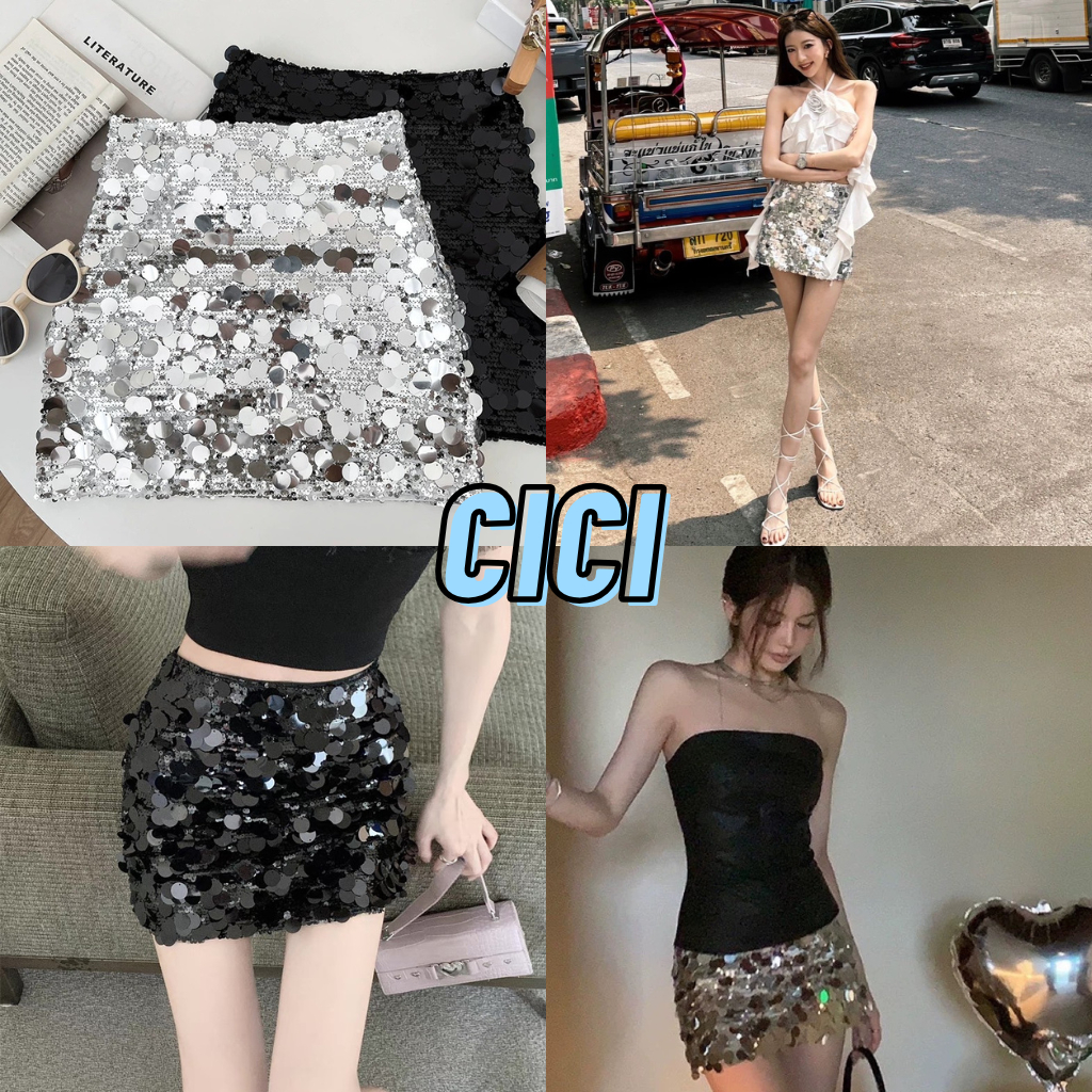 ส่งทันที Cici(NO. 8036) กระโปรงสั้นเอวสูง ปักเลื่อมกากเพชรวิงค์ๆ กลิตเตอร์  มี ซับในสำหรับงานสายแฟนซีปาร์ตี้