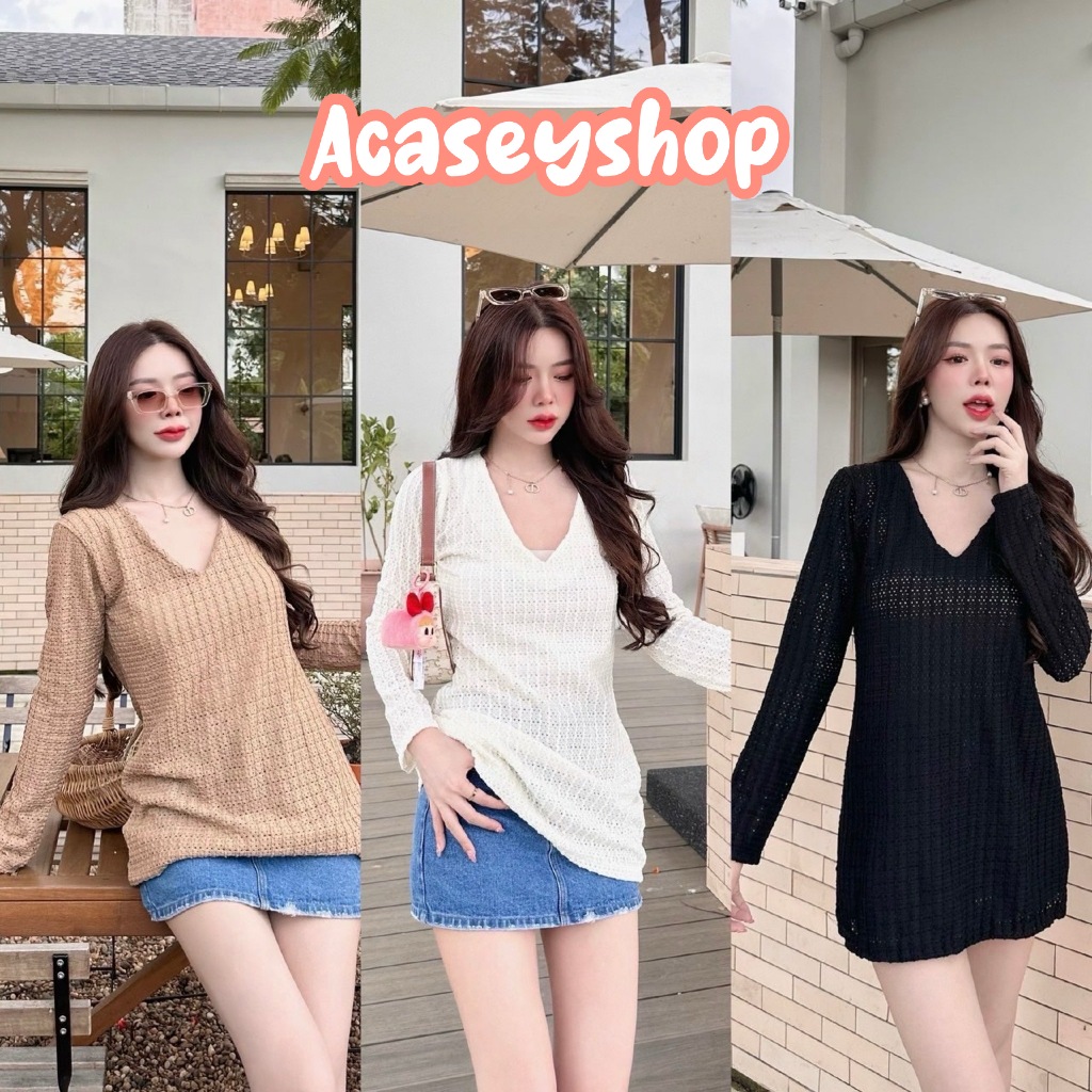 Acasey เสื้อแขนสั้นผู้หญิง Morgan Knit Top ผ้ามีรู ระบายอากาศ ใส่สบาย อก 34-40นิ้ว