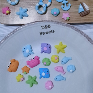 น้ำตาลแต่งหน้าเค้กรวมแบบ สัตว์ทะเล ปู ปลากระเบน แพลงตอน เปลื…