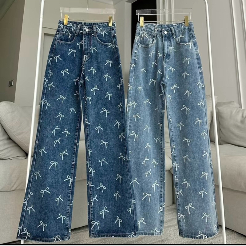 มือ2 PROMTHONG BKK ยีนส์ลายโบว์ สีเข้ม ร้านพรมทอง ไซต์ S เอว 25-26.5