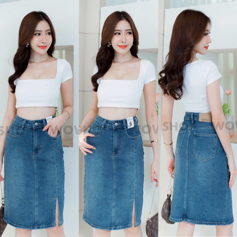 JEANISS.P♡ กระโปรงยีนส์ยาว คลุมเข่า แต่งผ่าหน้า ผ้าผสมยืดพรีเมียม •WOW 938•